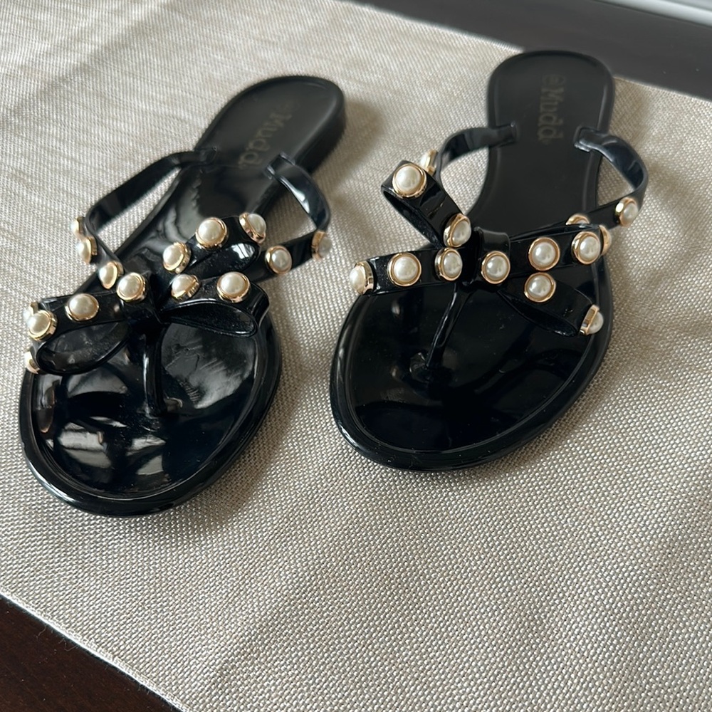 Black Sandals with Pearl Accents
